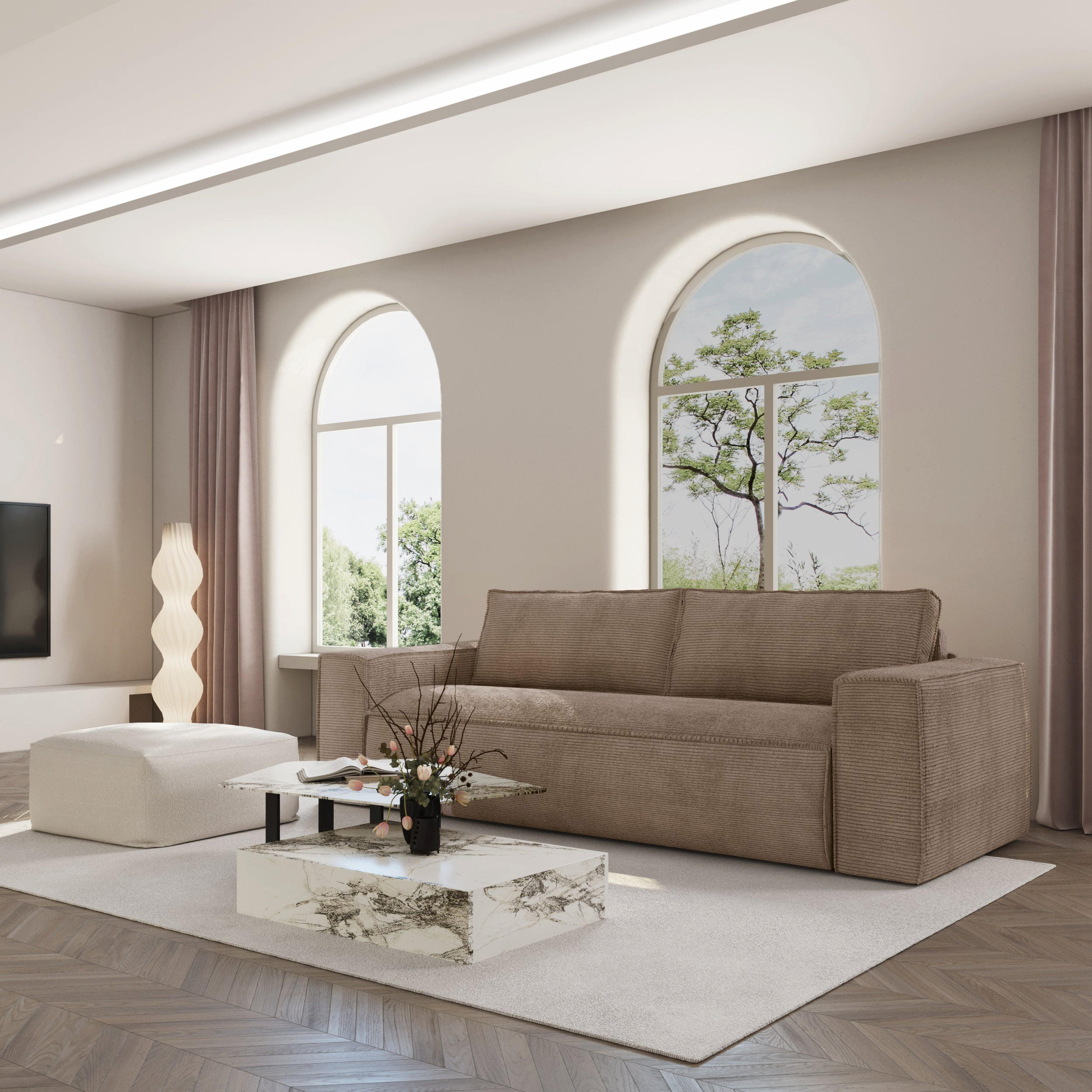 SCHLAFSOFA GERADE Gerippter Samt Taupe 214cm - Taupe, Textil (214/90/100cm) - Sia Home
