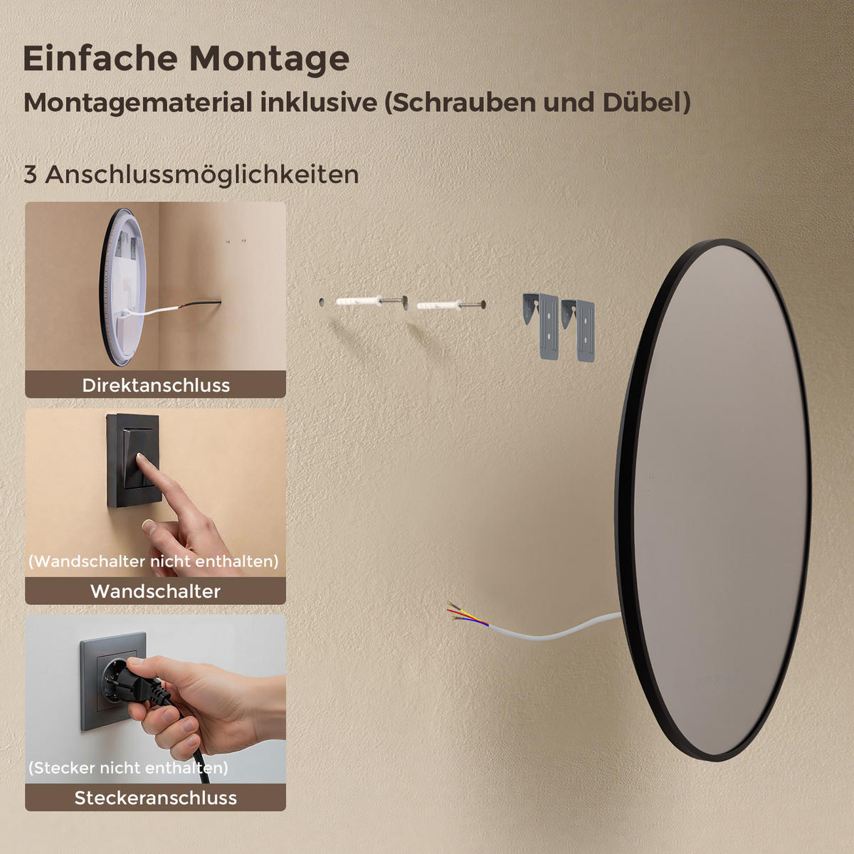 BADSPIEGEL mit Beleuchtung 60 cm rund schwarz mit Aluminiumrahmen, LED dimmbar und Antibeschlag - Schwarz, Glas (60/60/3.3cm) - S'AFIELINA