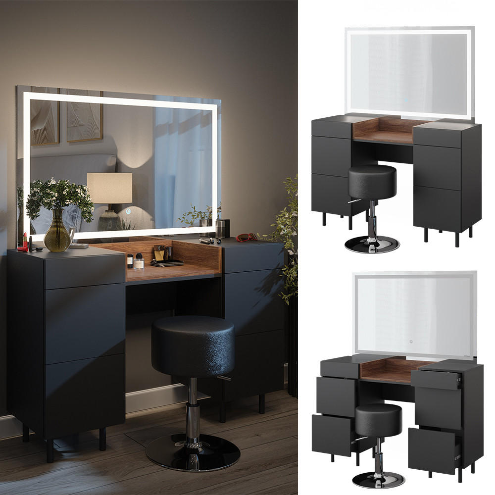 SCHMINKTISCH Anika Anthrazit 120 cm mit LED Spiegel und Hocker - Anthrazit/Walnussfarben, Holzwerkstoff (120/80/40cm) - Vicco
