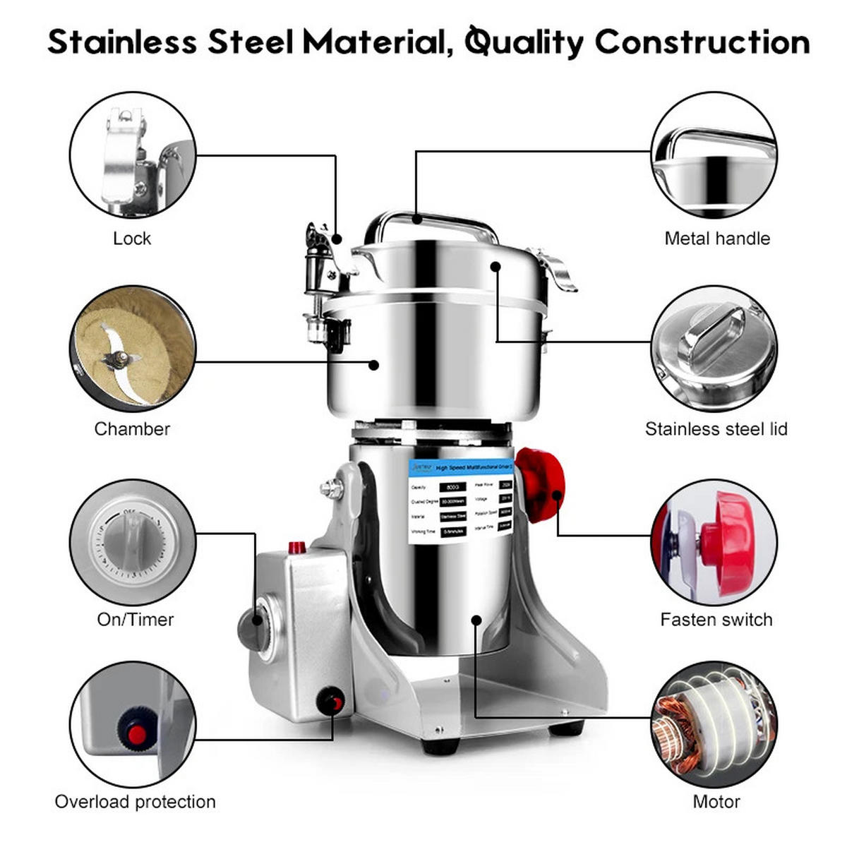 GETREIDEMÜHLE 800G 3000W Kräuter Kaffee Gewürze Trockenmühle - Silberfarben, Metall (13.5/37/15.5cm) - Bextcok
