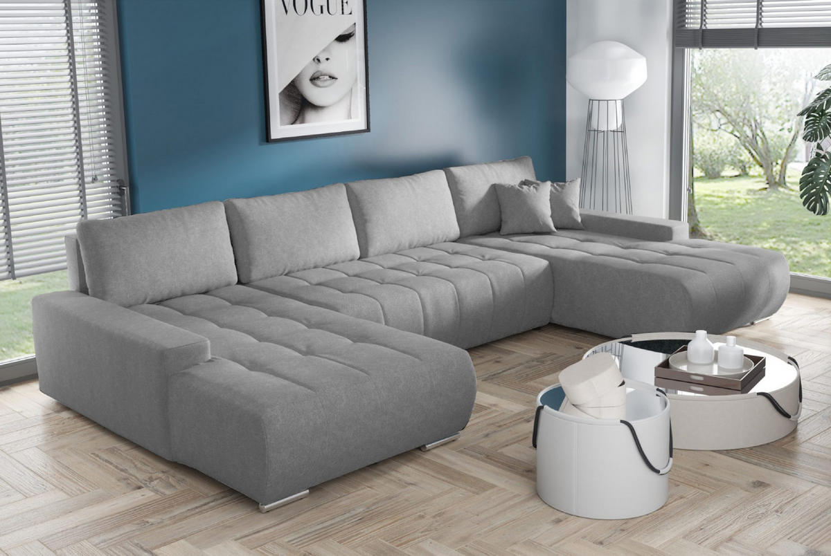 WOHNLANDSCHAFT mit Schlaffunktion Dhaka U, Hellgrau - Hellgrau, Textil (185/85/350cm) - Fedve