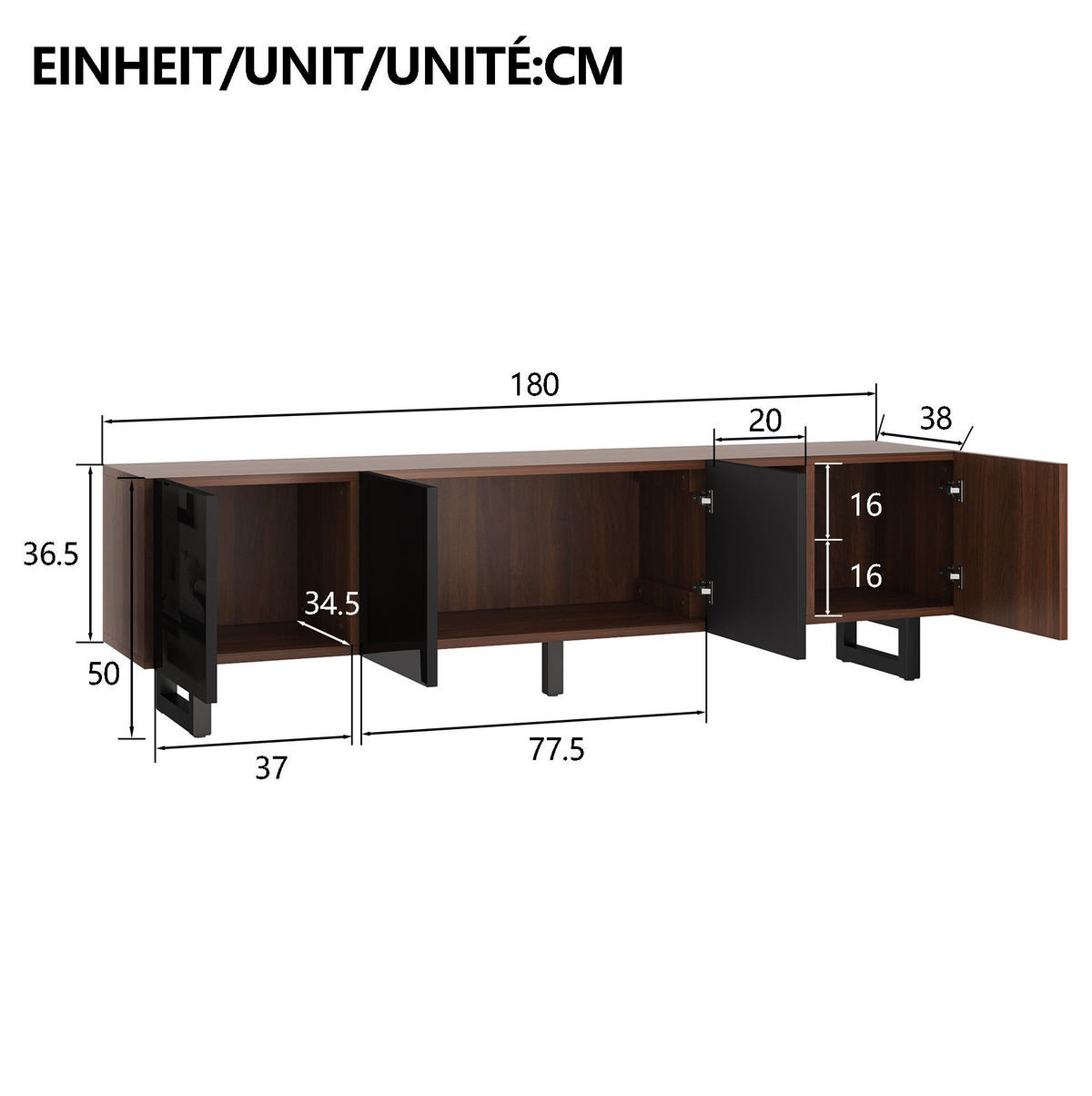 TV-SCHRANK in Schwarz Hochglanz und Natur mit 4 Türen 180/38/50 cm - Schwarz, Holzwerkstoff (180/50/38cm) - Redom