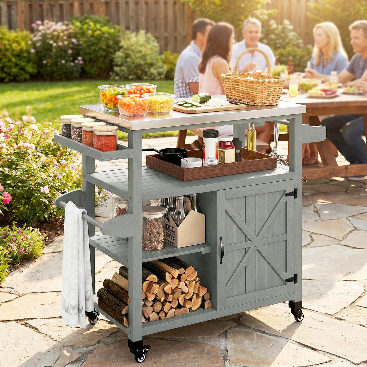 GRILLWAGEN DE-13858 mit Edelstahl-Arbeitsplatte und Holzrahmen Grau - Grau, Metall (49.5/92.5/107cm) - ComfortXL