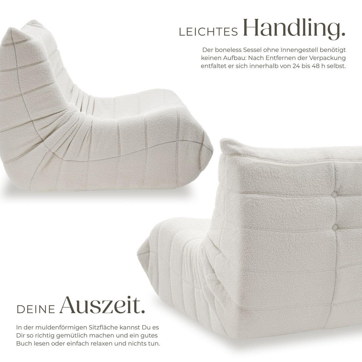 RELAXSESSEL Logo, 95 x 100 x 75 cm, Bouclé creme - Creme, Textil (95/75/100cm) - tectake
