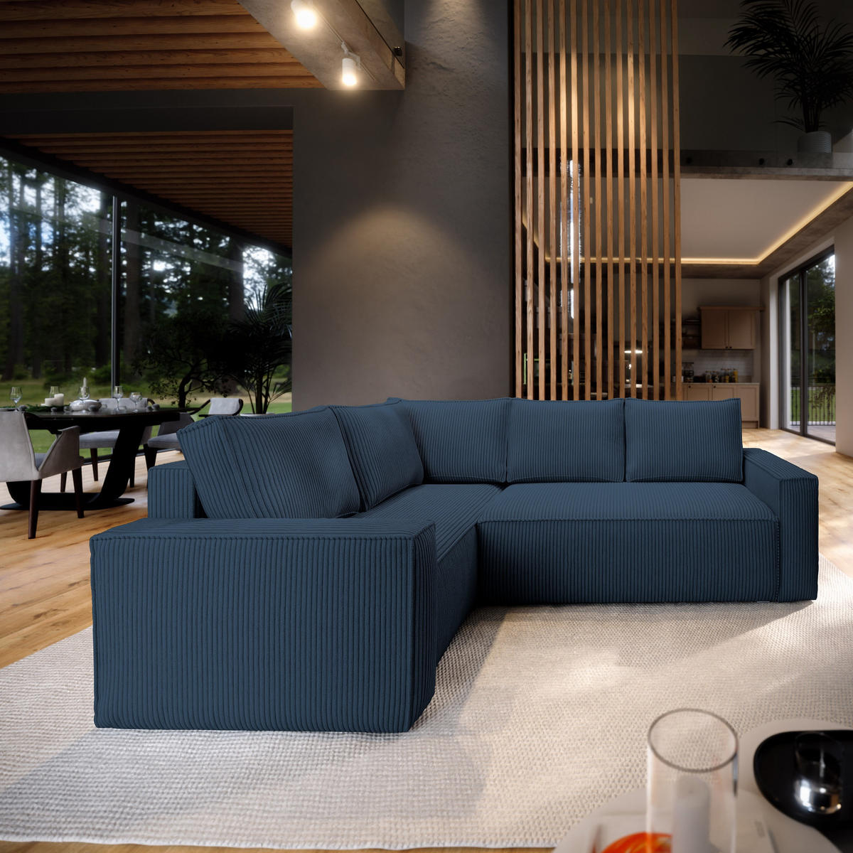 ECKSOFA ESTANO L-S Blau Kordstoff mit Schlaffunktion - Blau, Holz (230/158cm) - MASSENO