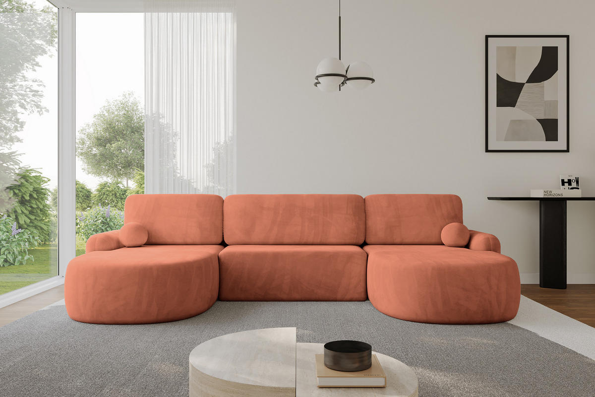 WOHNLANDSCHAFT mit Schlaffunktion und Bettkasten LIRA-U - 335x172x89 Apricot - Orange, Holzwerkstoff/Textil (335/89/172cm) - ALTDECOR
