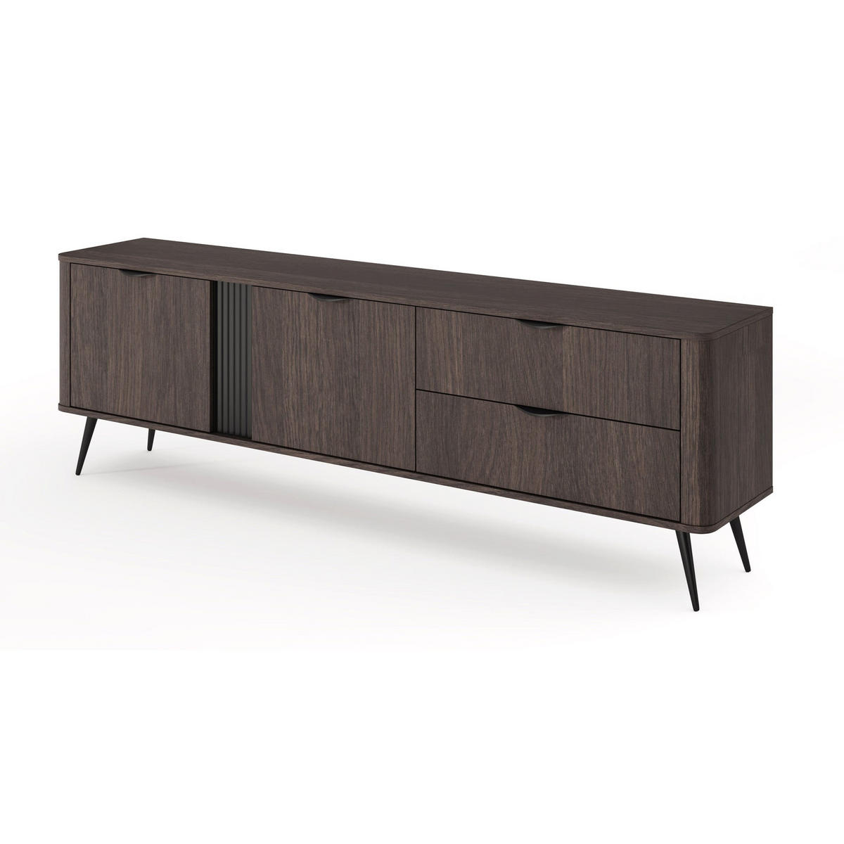 TV stolek Veris 2dveřový se zásuvkami, dub Dunin, 195 cm - tmavě hnědá/černá, kov/kompozitní dřevo (195.2/61.2/38cm) - Selsey