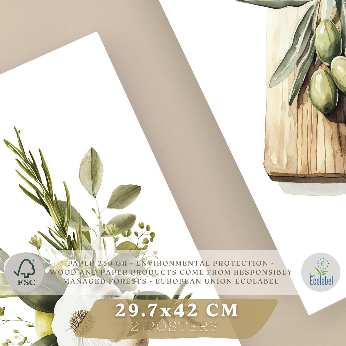 PLAKAT Sada 2 Vintage olivy A3 bez rámu - čirá, papír (29.7/1/42cm) - Nacnic