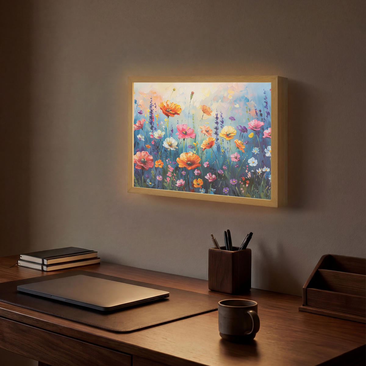NÁSTĚNNÁ LAMPA S AKUMULÁTOREM Květiny - Příroda - Akvarel - Umění 40x30 cm - různobarevná, kompozitní dřevo (40/30/8cm) - OnlyWow