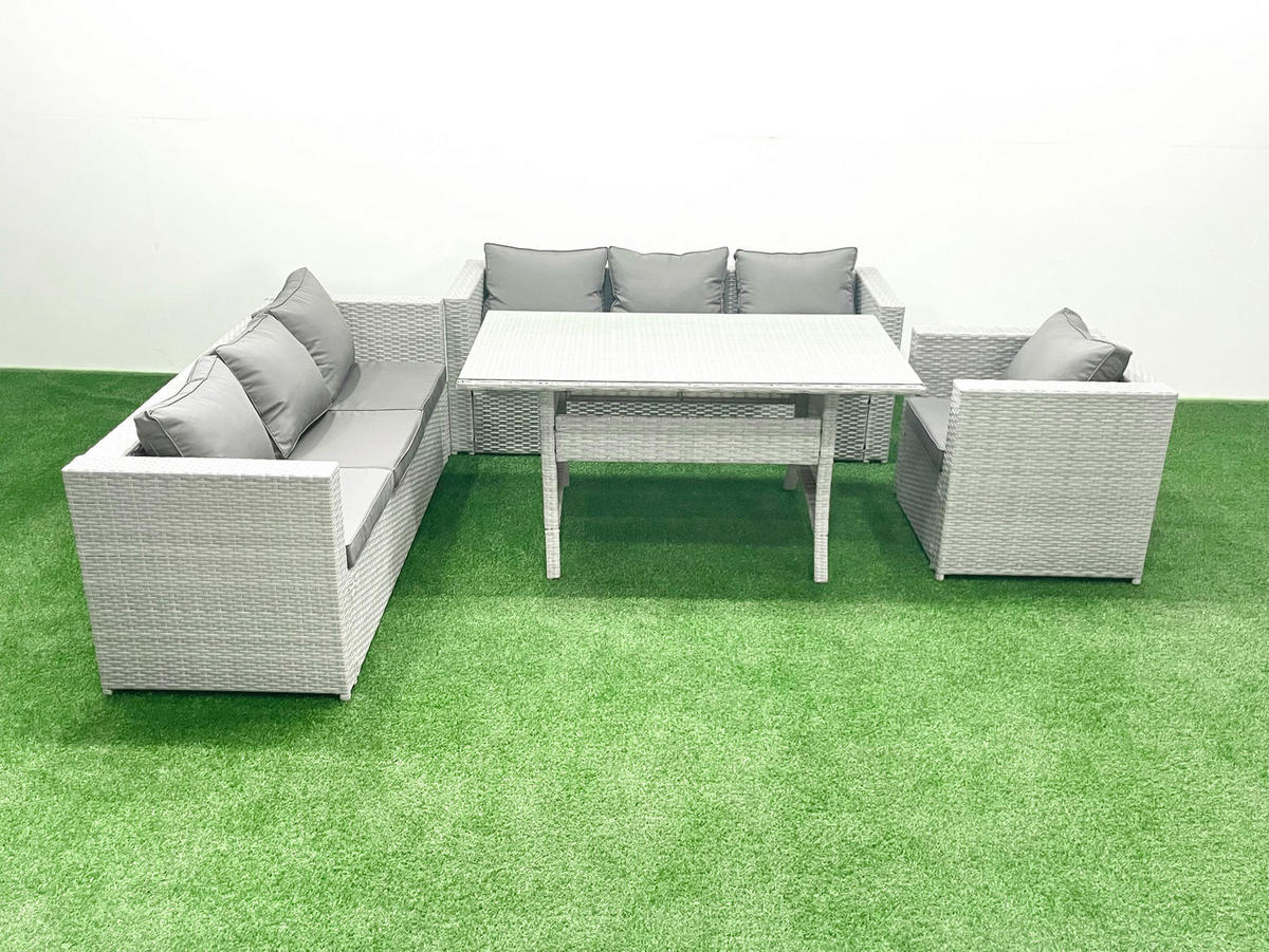 GARTENSET mit 3-Sitzer-Sofa und Sessel, Esstisch Polyrattan Hellgrau 7-Sitzer - Hellgrau/Grau, Glas/Kunststoff - Fimous