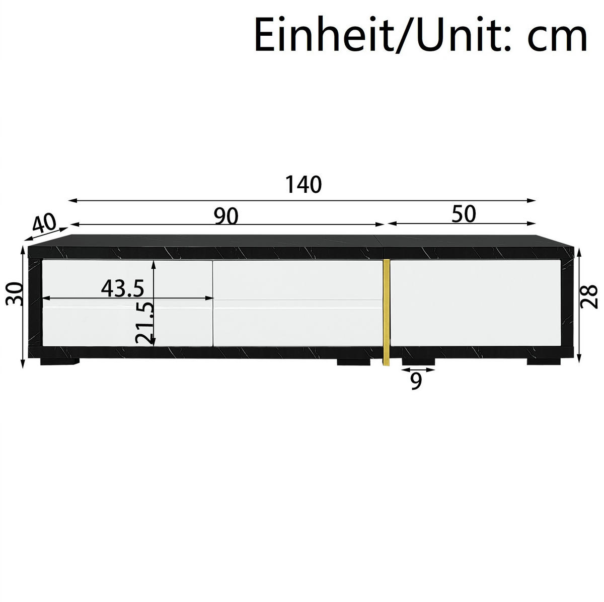 TV-LOWBOARD aus MDF und Spanplatte 140-260x40x30 cm Weiß/Schwarz in Marmoroptik, dreh- und ausziehbar - Weiß, Holzwerkstoff (260/30/40cm) - IVMEU