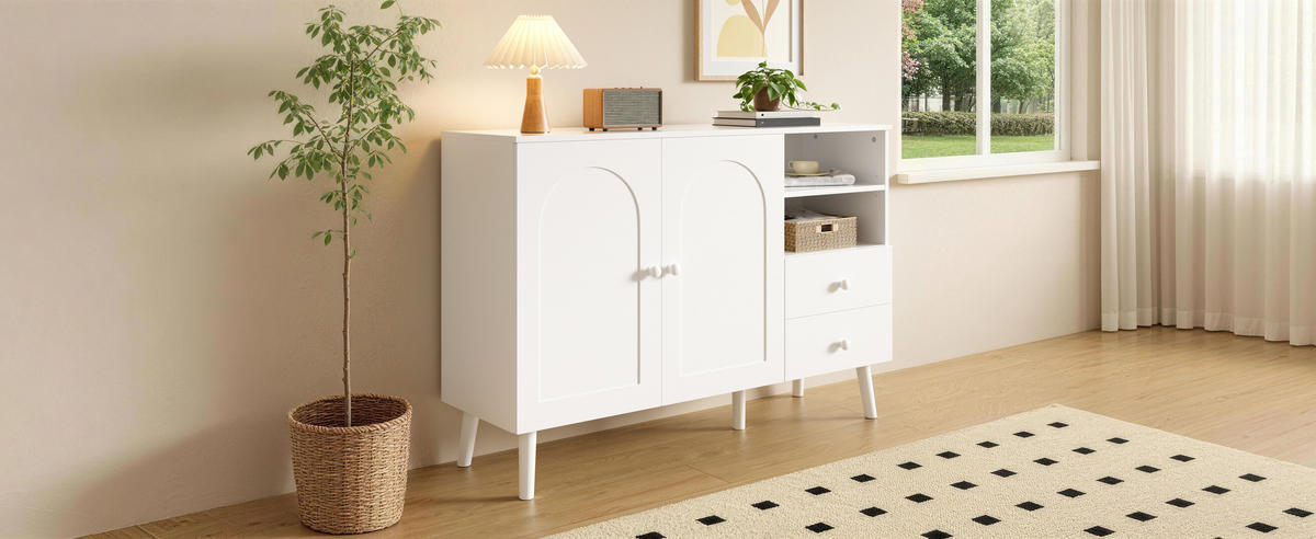 SIDEBOARD mit gewölbten Türfronten und offener Aufteilung mit Schubladen,in Weiß - Weiß, Holzwerkstoff/Metall (118/82/35cm) - EVRYAE