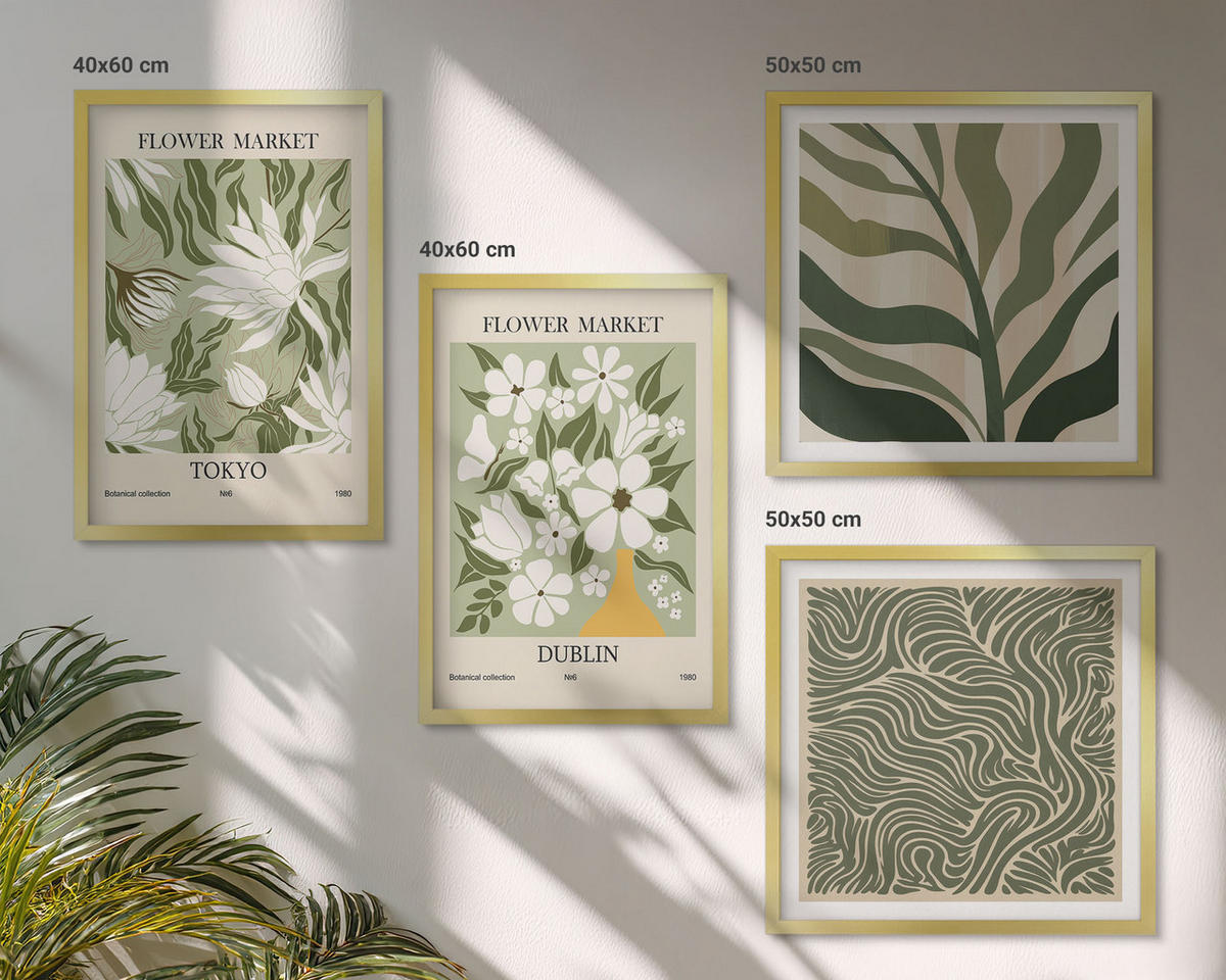 WANDBILDER 4er Set - 50x50 cm & 40x60 cm Goldrahmen - Pflanzenmuster, Boho-Dekorationen - Goldfarben, Kunststoff (50/50cm) - ArtPrintCave
