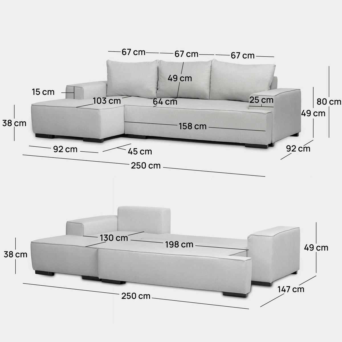 SCHLAFSOFA Alan Grau 250 cm x 80 cm - Grau, Textil (250/80/147cm) - Klast Home