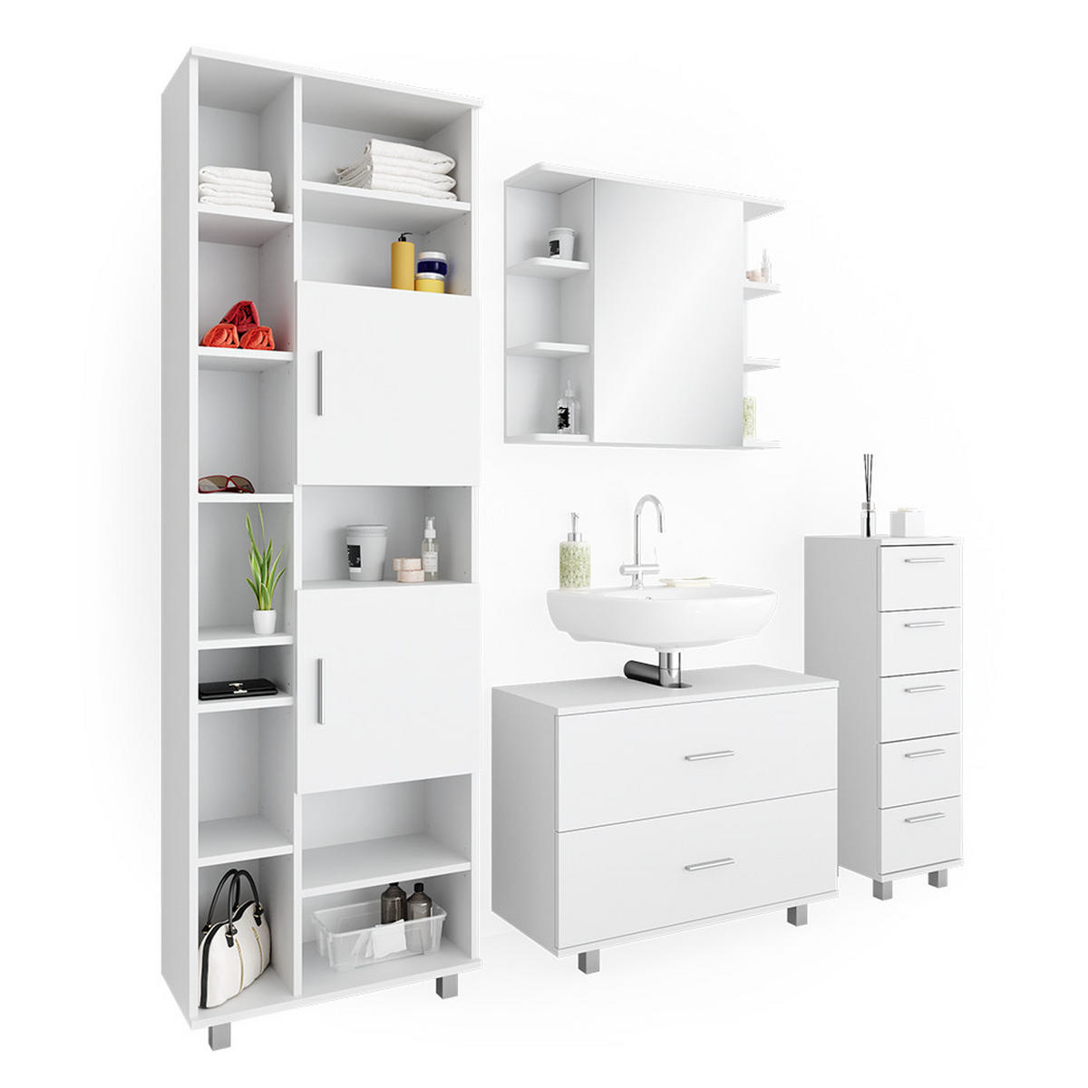 BADMÖBEL-SET Ilias Weiß 4 Teile, mit Hochschrank - Weiß, Holzwerkstoff (80.2/60.8/33cm) - Vicco