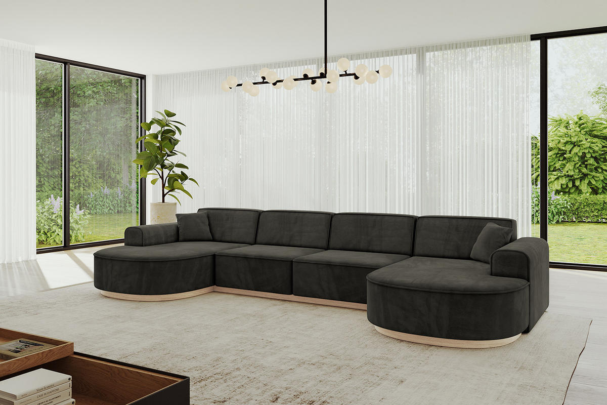 WOHNLANDSCHAFT MARI-U2-v1 - 388x171x83 cm Schwarz Velours - Schwarz, Holzwerkstoff/Textil (388/83/171cm) - ALTDECOR