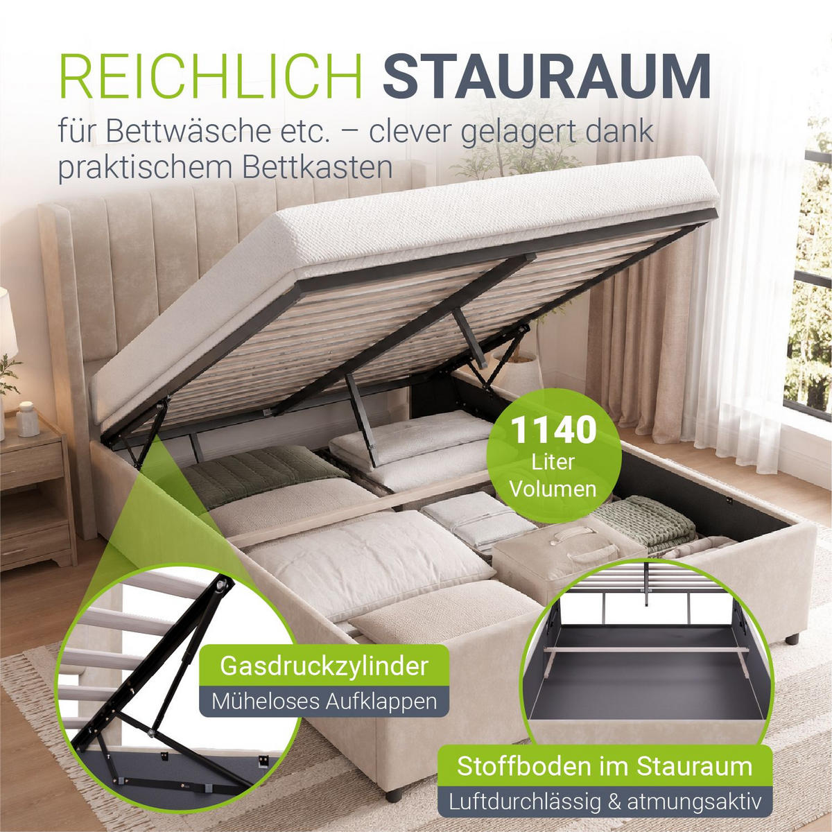 POLSTERBETT Savona beige 140 x 200 cm - Beige, Holzwerkstoff (140/200cm) - Juskys