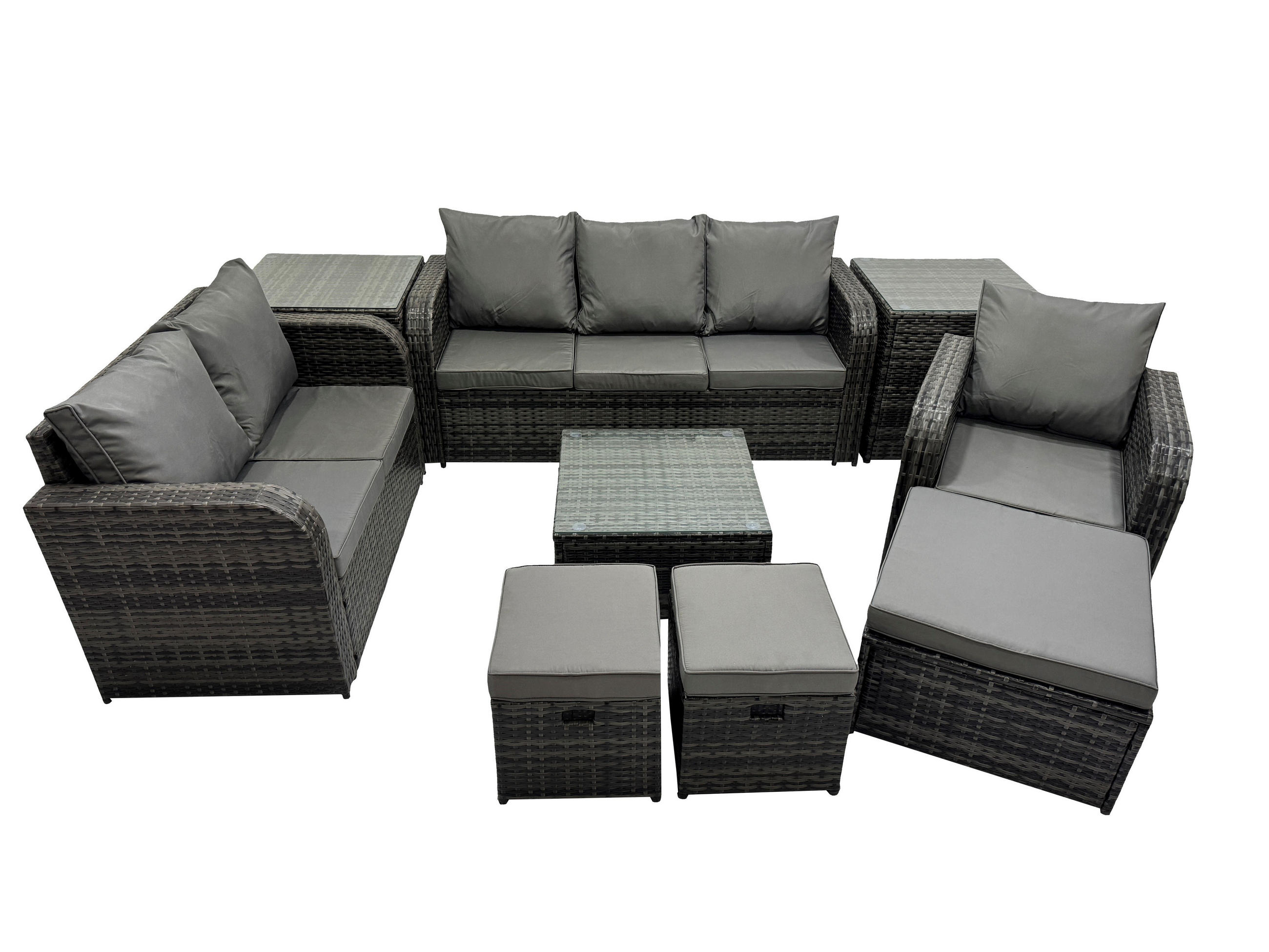 GARTENTISCHGRUPPE Polyrattan Dunkelgrau 9-teilige - Dunkelgrau/Grau, Glas/Kunststoff - Fimous