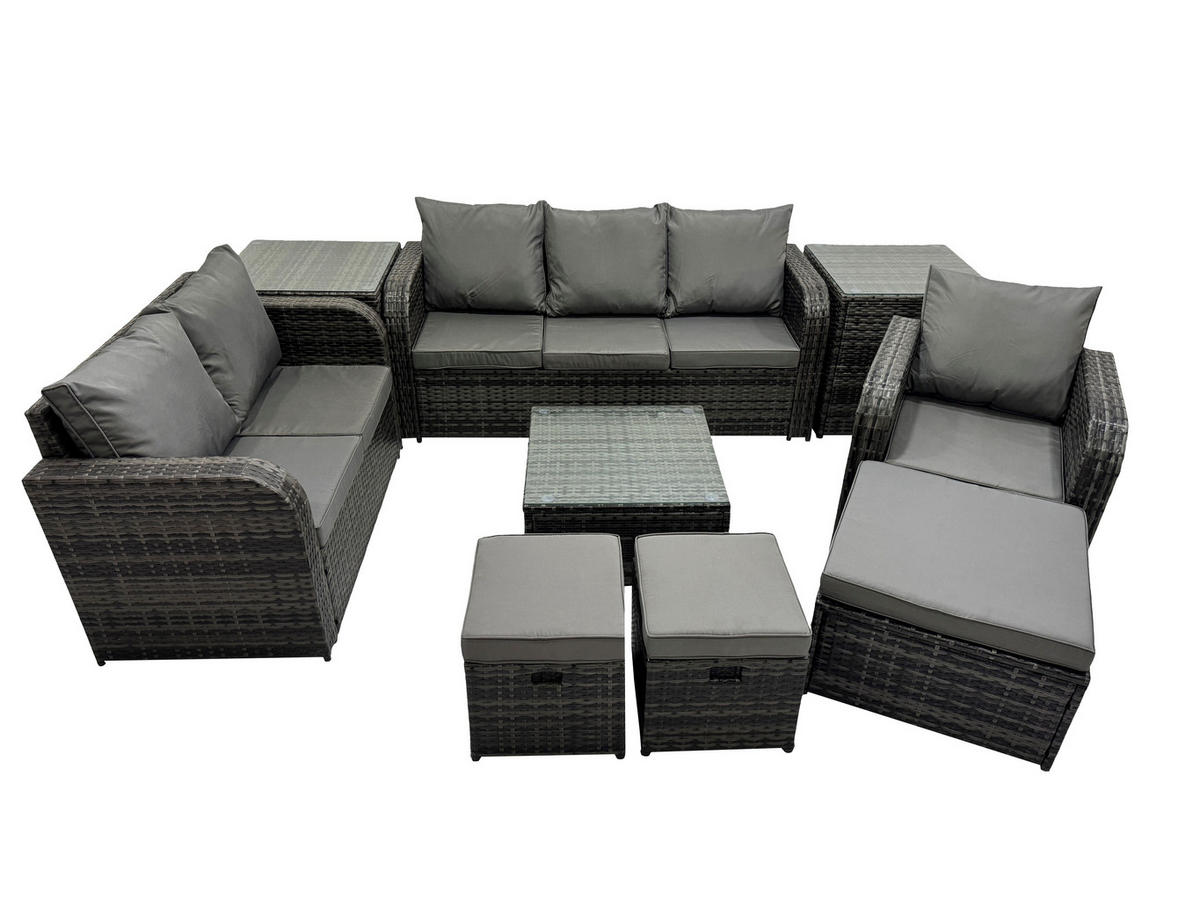 GARTENTISCHGRUPPE Polyrattan Dunkelgrau 9-teilige - Dunkelgrau/Grau, Glas/Kunststoff - Fimous