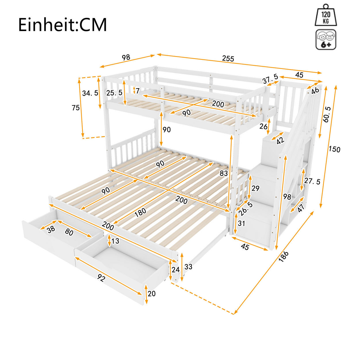 ETAGENBETT 90/200 cm Weiß mit Ausziehbett und zwei Schubladen aus Kiefernholz - Weiß, Holz (90/200cm) - OKWISH