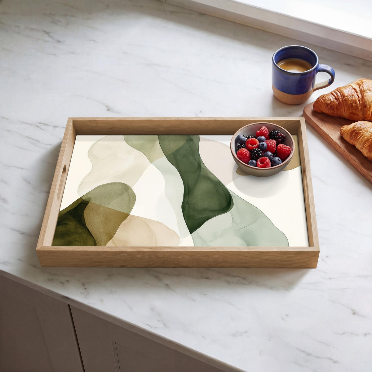 TABLETT - Japandi - Abstrakt - Grün - 50x35 cm - Grün, Holz (50/5/5cm) - OnlyWow