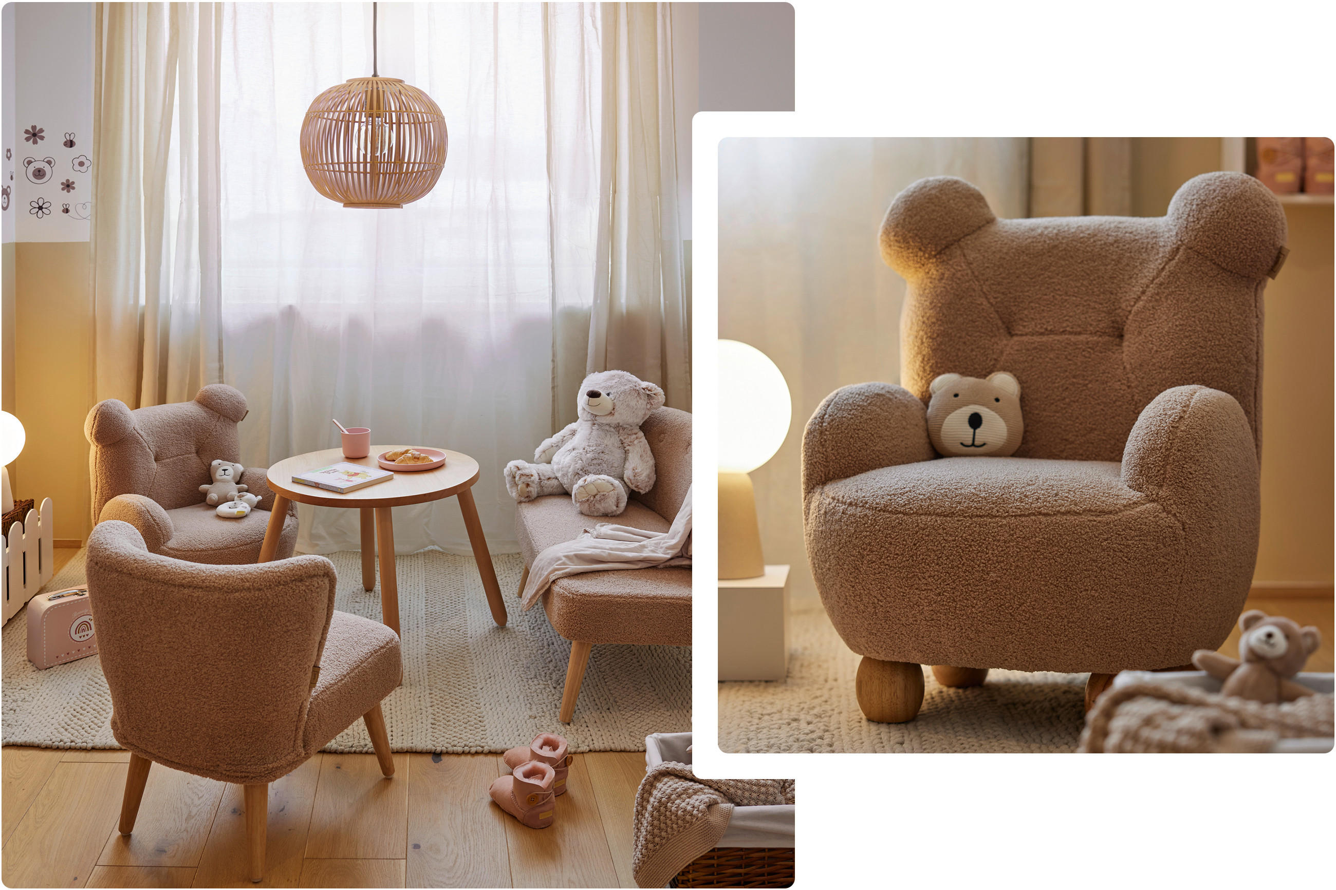 Kindersessel in Bärenform mit Kuscheltier in einem hellen, gemütlichen Raum mit Teppich, Tisch und weiteren Kindermöbeln.