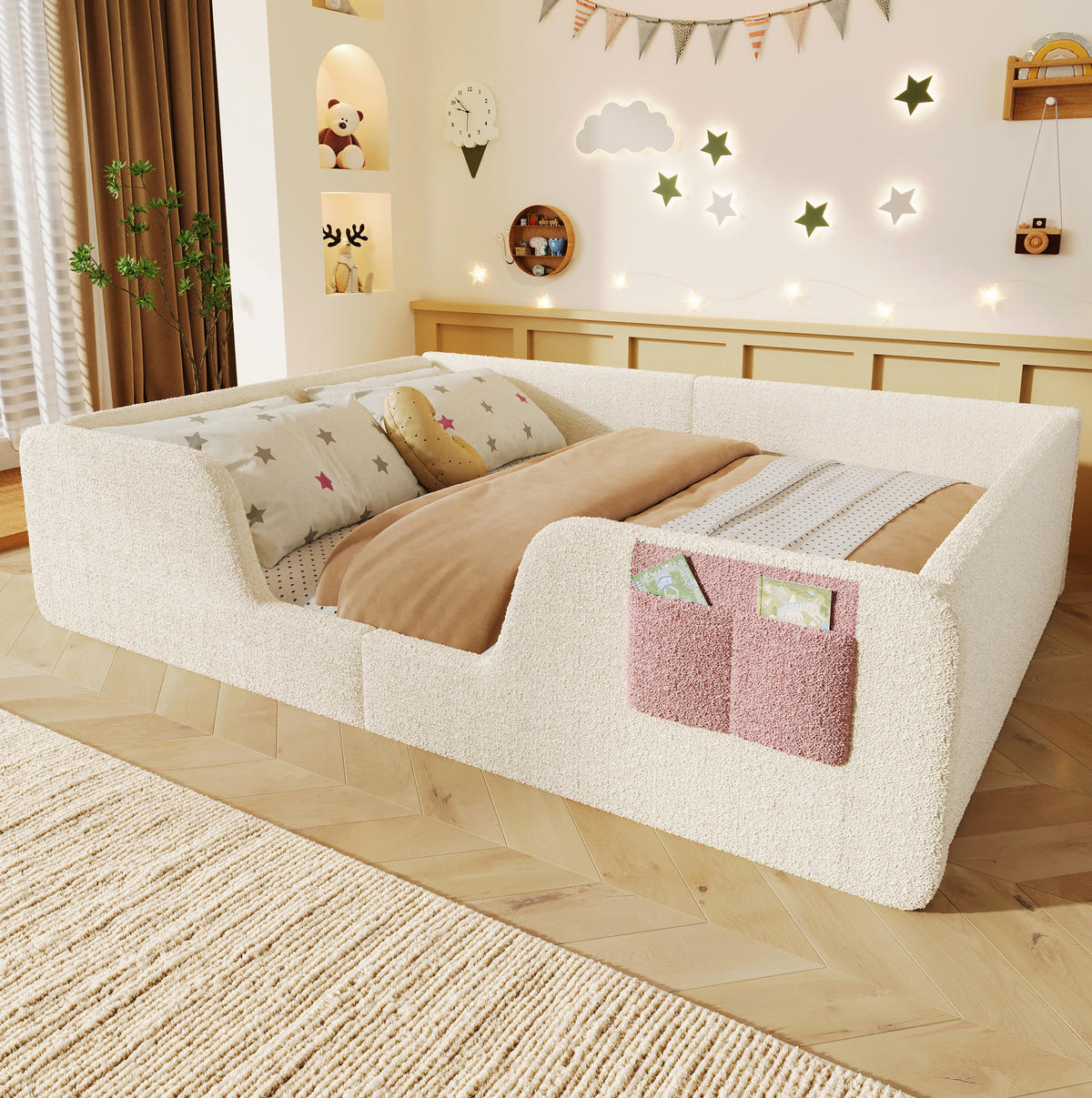 POLSTERBETT 140/190 cm beige aus Velours mit Seitengittern - Beige, Textil (140/190cm) - OKWISH