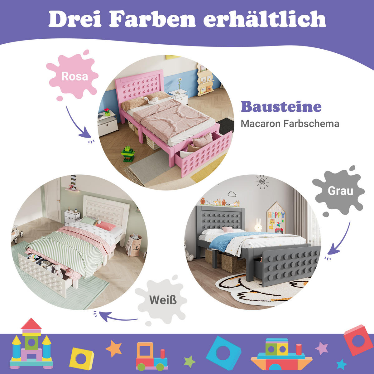 KINDERBETT, 1 Stauraumschublade, Block-Design, 90x200cm, Rosa - Rosa, Holz (90/200cm) - OKWISH
