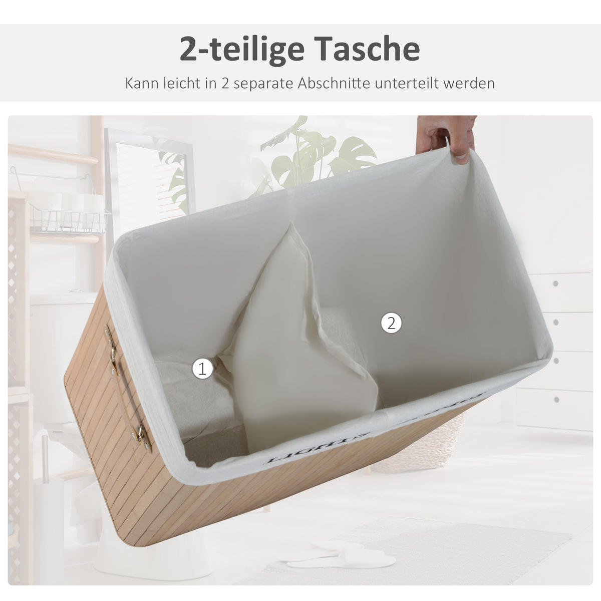 WÄSCHEKORB, Bambus, Segeltuch, PU, Natur - Naturfarben, Naturmaterialien (32/63/52cm) - HOMCOM