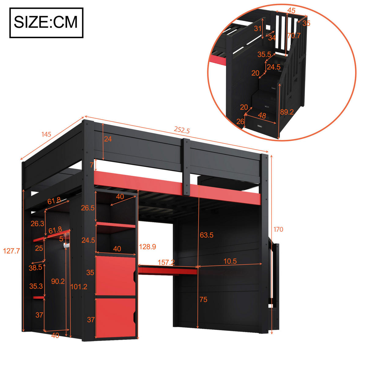 HOCHBETT aus MDF und Sperrholz 140x200 cm Schwarz-Rot mit Schreibtisch, LED-Beleuchtung und Stauraumtreppe - Schwarz, Holzwerkstoff (140/200cm) - IVMEU