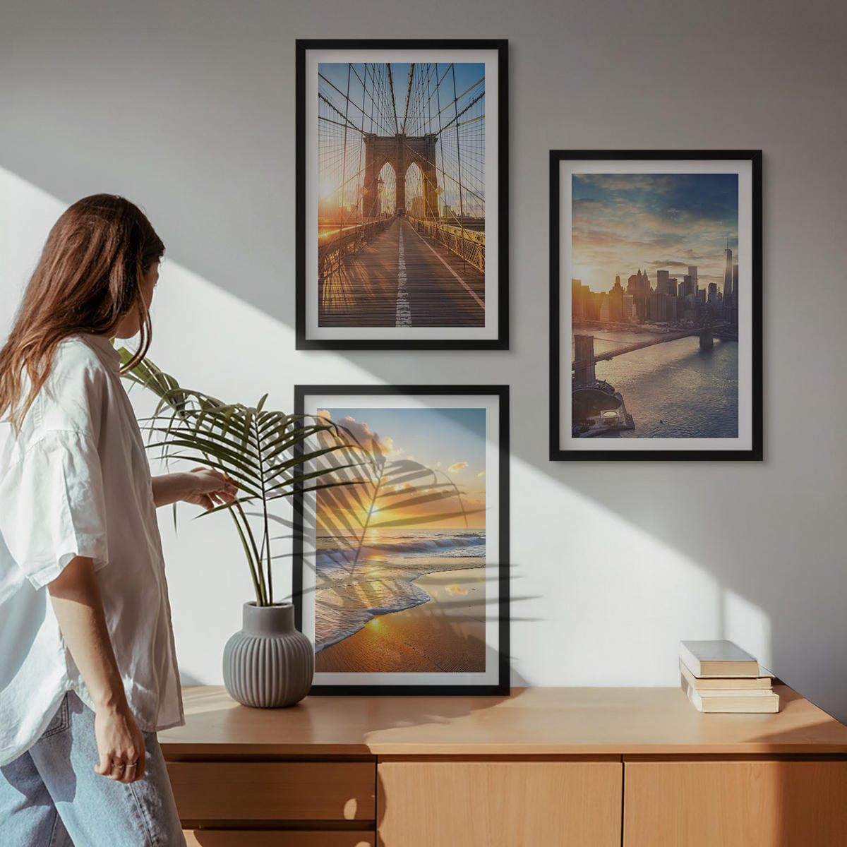 BILDER SET 3er Set - 40x60 cm Schwarzer Rahmen - Brücken, Sonnenuntergänge, Stadt - Schwarz, Kunststoff (40/60cm) - TULUP