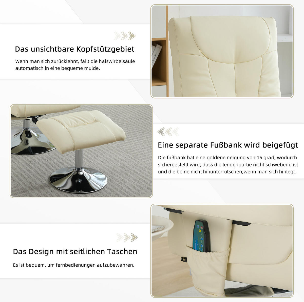 MASSAGESESSEL 76/75/103 cm mit Heizfunktion und 5-Punkt-Massage - Beige, Kunststoff (75/103/76cm) - BEAOK