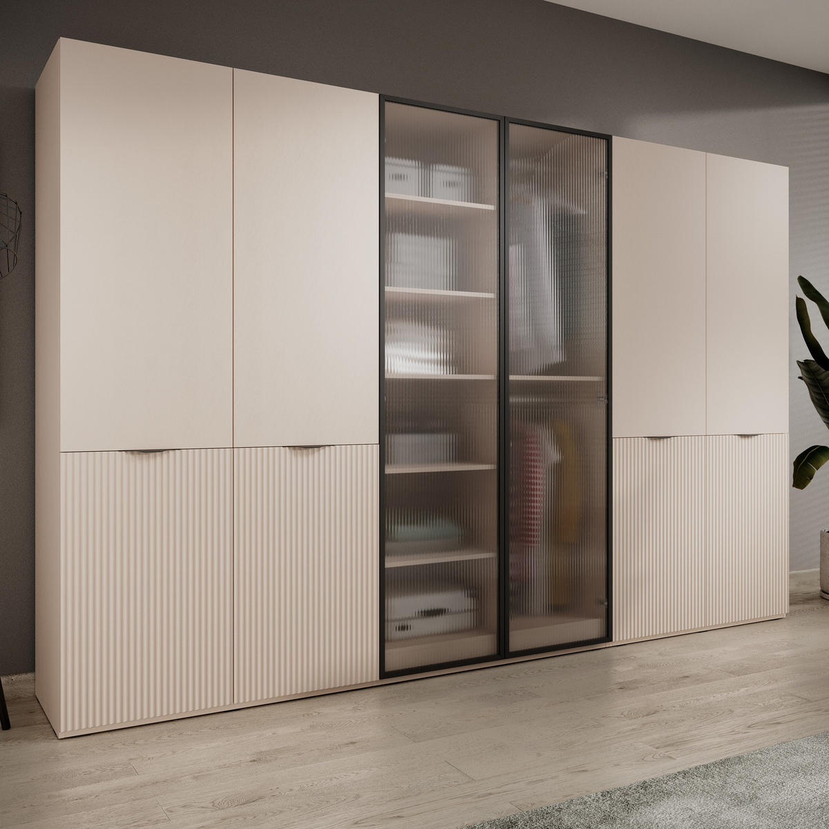 Ravio KLEIDERSCHRANK ZEN (Modular, Beige Matt, Beige & Geriffeltes Glas Flutes, 6-türig) online entdecken ➤