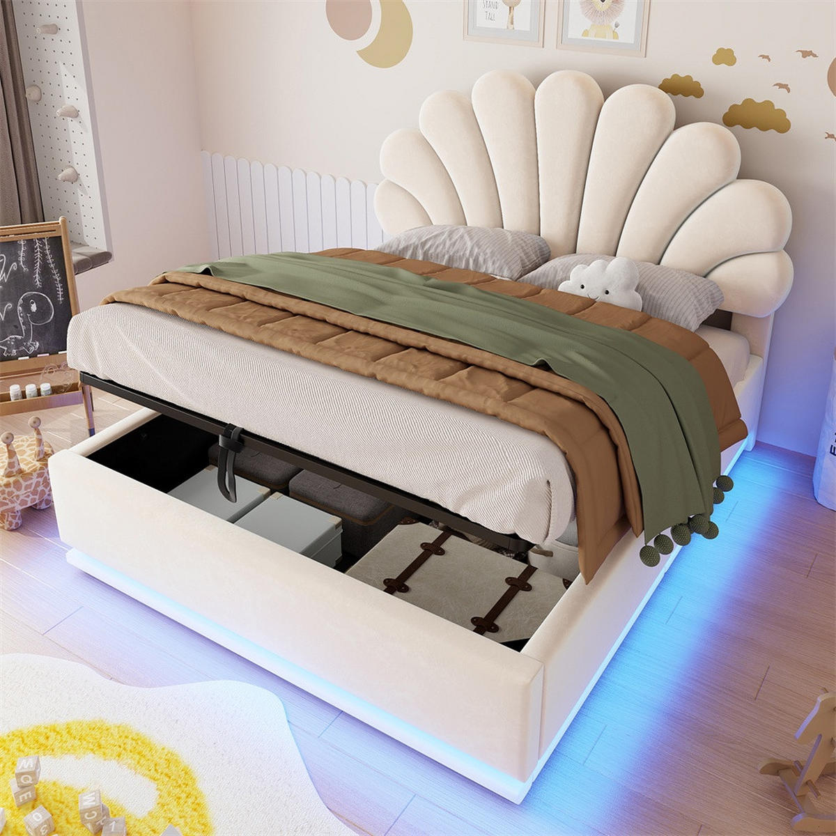 POLSTERBETT 140x200 cm mit Blüten-Kopfteil - LED Beleuchtung & hydraulischem Stauraum - Beige - ohne Matratze - Beige, Textil (140/200cm) - DELFA