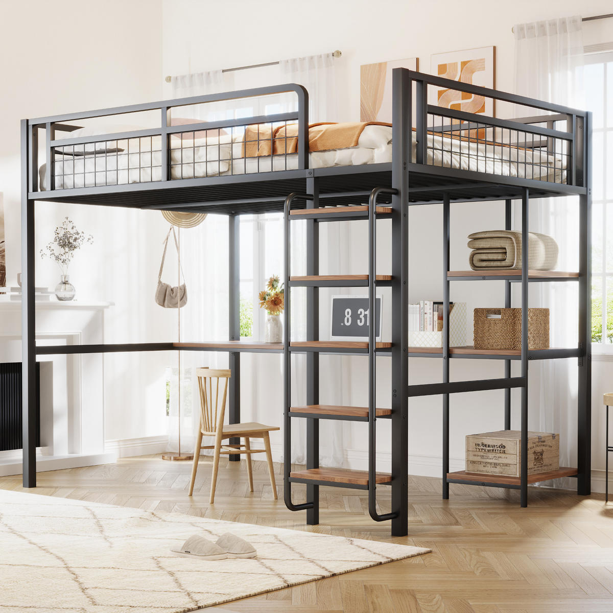 HOCHBETT 140/200 cm schwarz aus Metall mit Tisch und Regal - Schwarz, Metall (140/200cm) - OKWISH