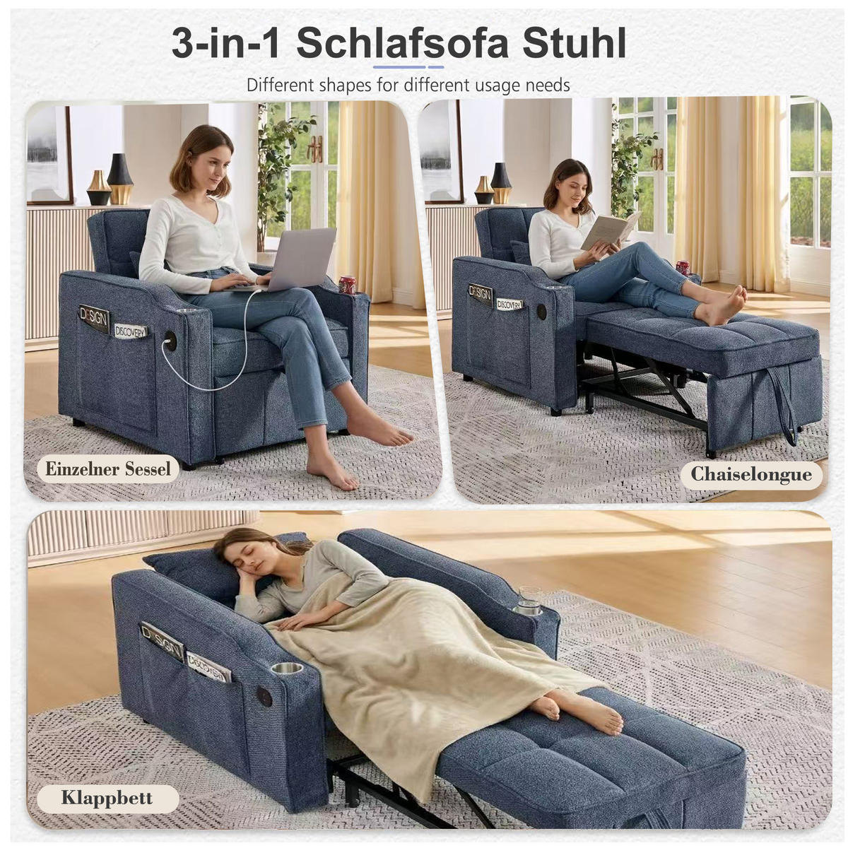RELAXSESSEL 190/85/86 cm Marineblau mit USB-/Typ-C-Anschluss und Seitentasche - Dunkelblau, Textil (190/86/85cm) - Oxeza