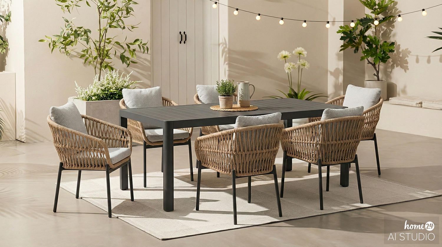 GARTENESSGRUPPE - 7-teilig - Aluminium / Polyrattan / Webstoff - Schwarz/Grau, Naturmaterialien/Textil - home24