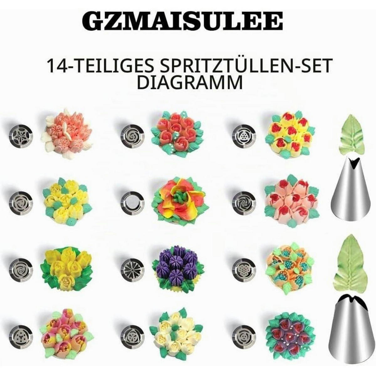 SPRITZBEUTEL und Düsen Set 120-teilig mit 14 Blumenmustern - Multicolor, Metall (21/1/35cm)