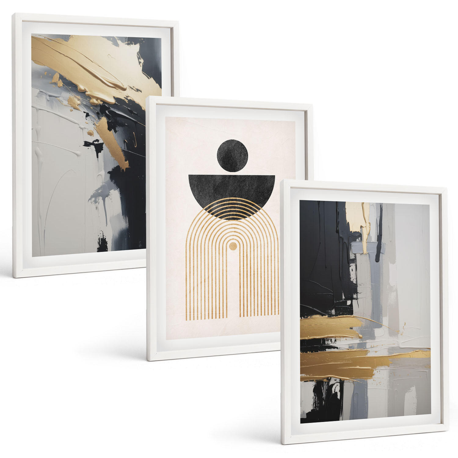 BILDER SET 3er Set - 40x60 cm Weißer Rahmen - Abstrakte Geometrie Eleganz - Weiß, Kunststoff (40/60cm) - TULUP