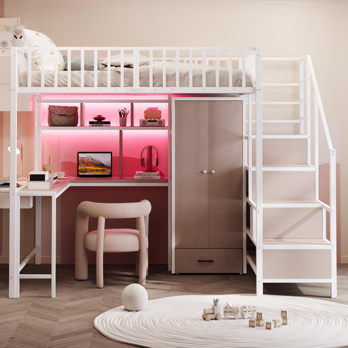 HOCHBETT 140/200 cm Weiß mit Schreibtisch, LED und USB - Weiß, Metall (140/200cm) - MIVRAY