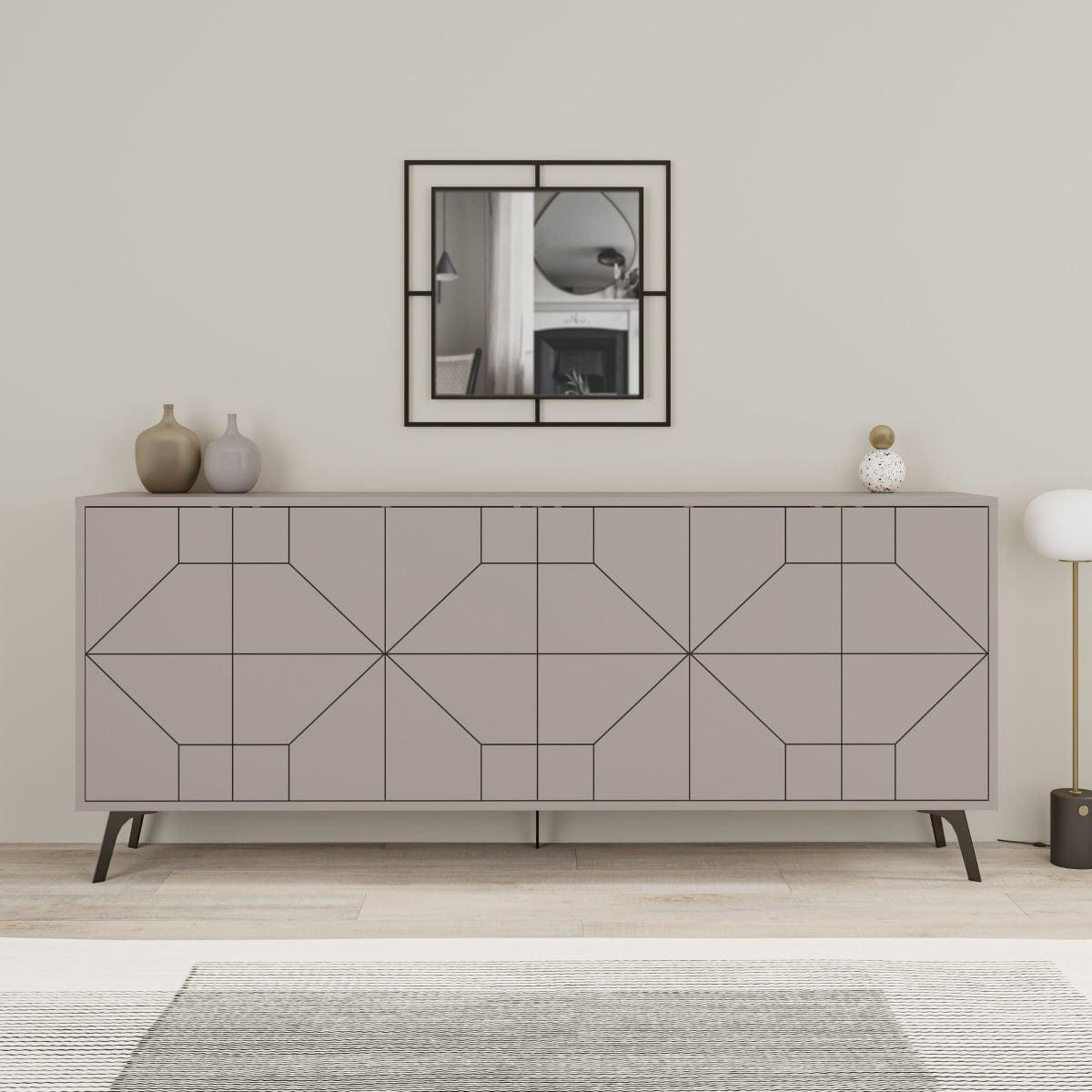 BUFFET mit 6 dekorierten Türen L184 cm - Dune - Taupe, Holzwerkstoff (35/77.4/184cm) - Calicosy