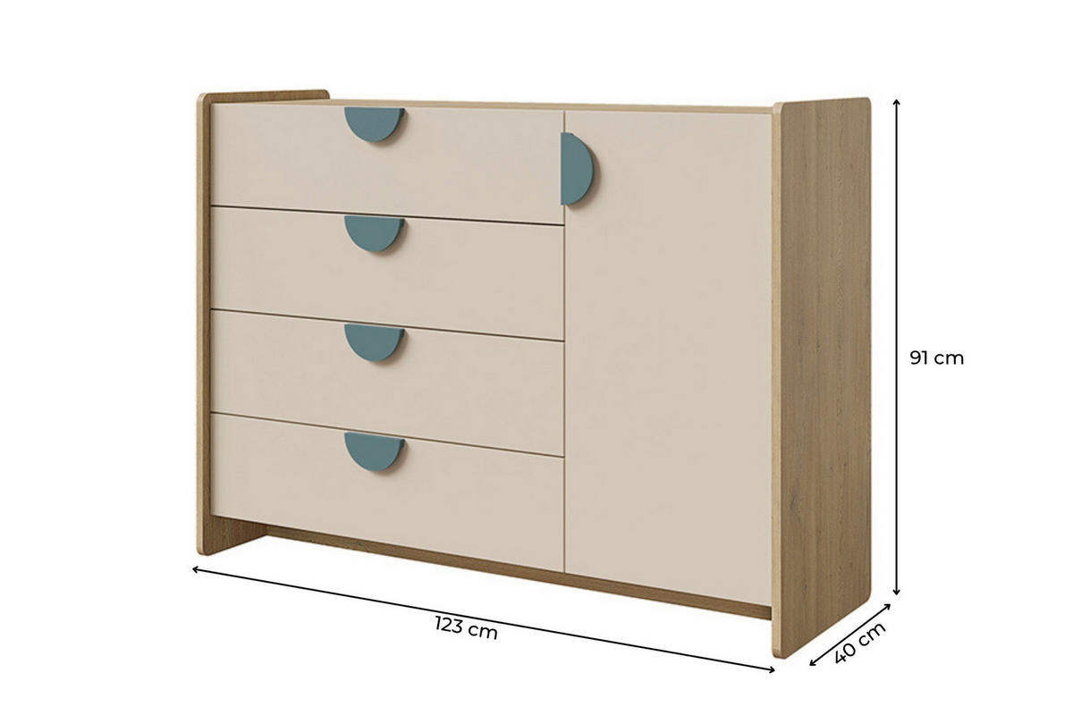 KINDERKOMMODE LEXO 09 123/91/40 cm in Eiche Cremona/Macadamia/Meeresblau - Blau/Eichefarben, Holzwerkstoff (123/91/40cm) - Deine Möbel 24