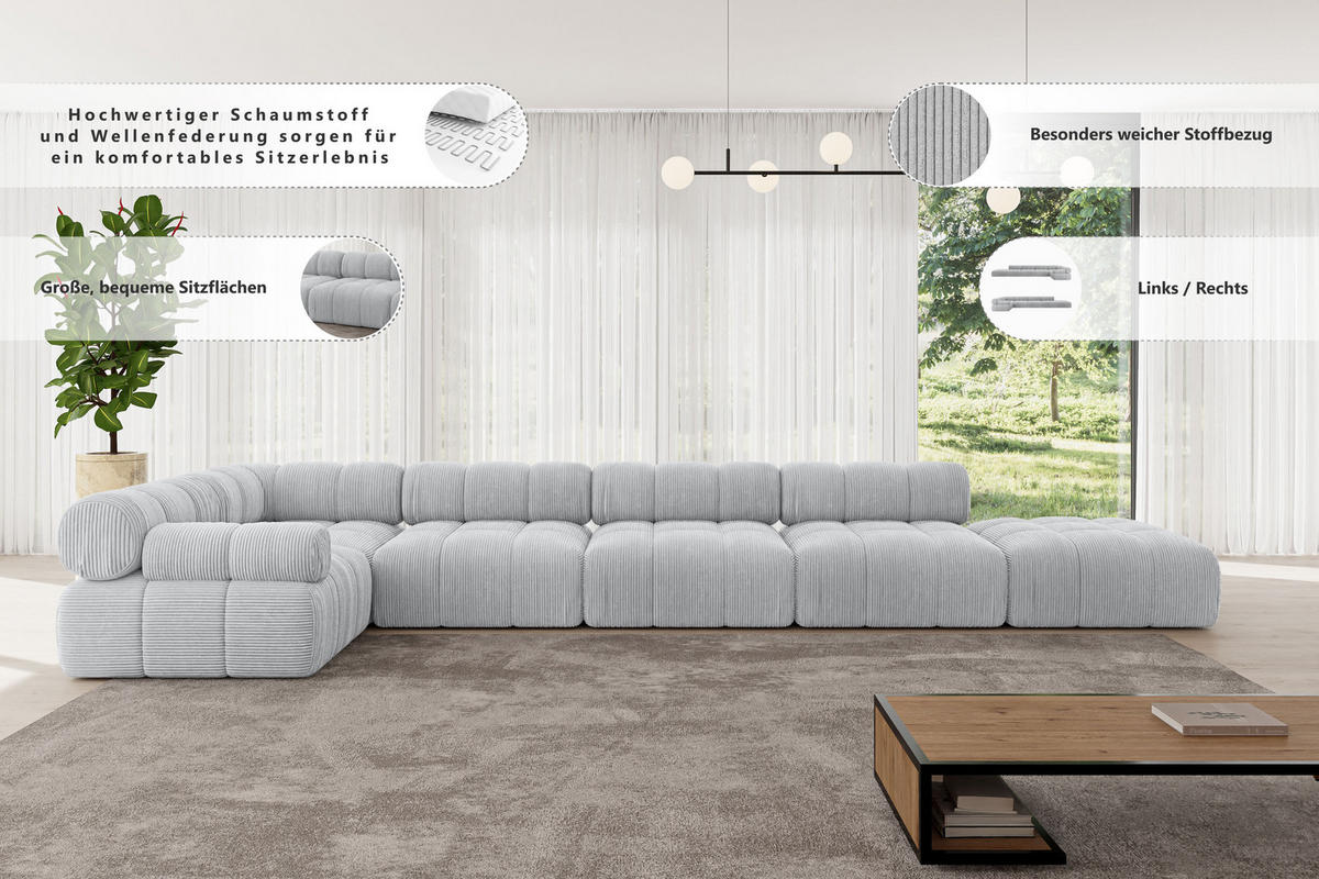 ECKSOFA modulares Sofa Felto-L3 - 475x190x70 cm Apricot Velours - Koralle, Holzwerkstoff/Textil (475/190cm) - ALTDECOR