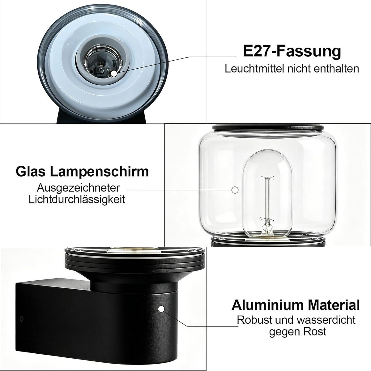 AUSSENWANDLEUCHTE Drisal 13.5/11/18.4 cm - Schwarz, Glas/Metall (11/18.4/13.5cm) - ZMH