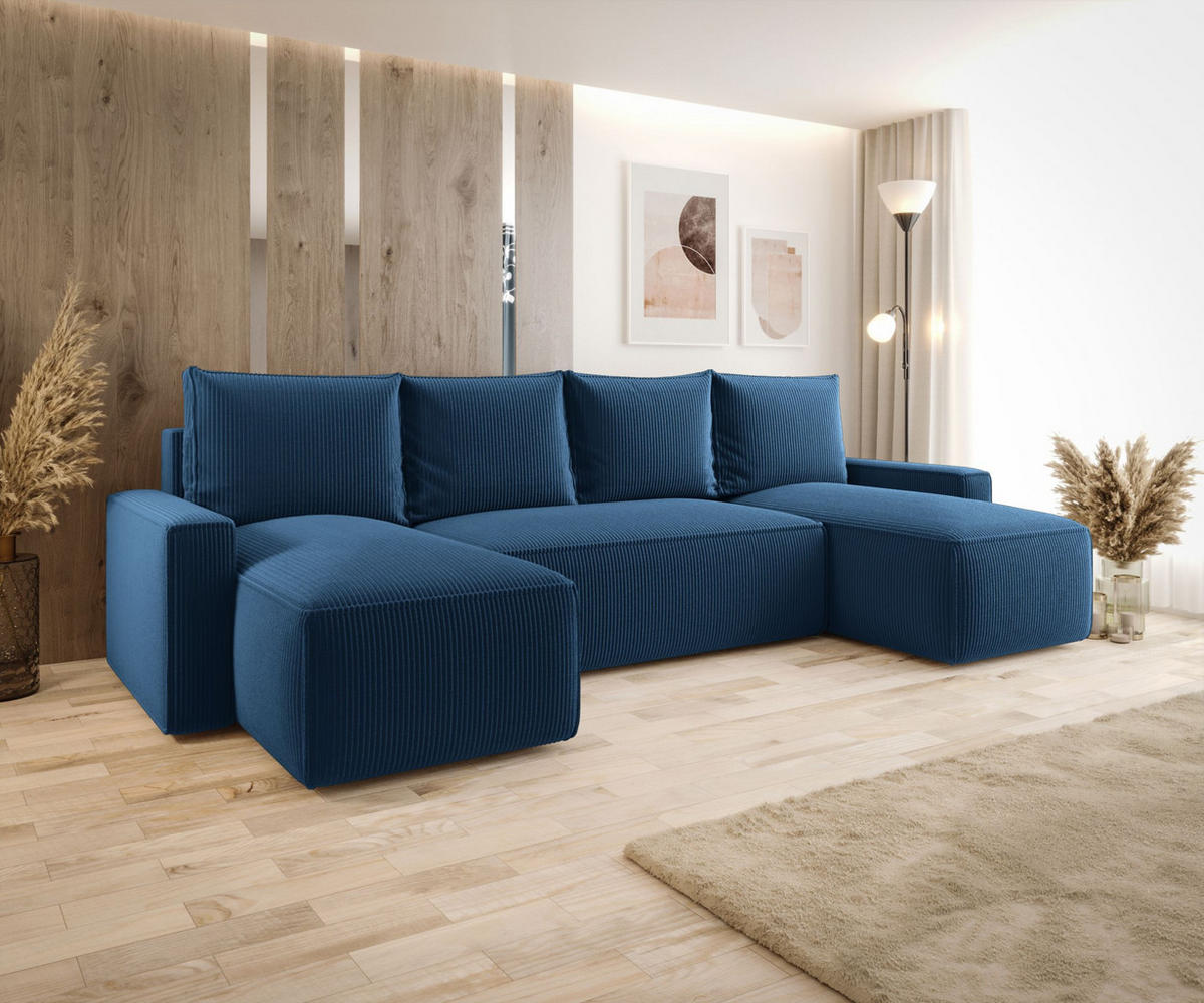 WOHNLANDSCHAFT mit Schlaffunktion SAVIO U Poso 05 - Dunkelblau, Textil (300/75/140cm) - Bedante