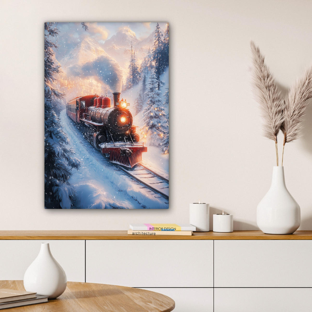 LEINWANDBILD Weihnachtszug - Schnee - Winter - Weihnachten 40x60 cm - Dunkelrot, Textil (40/60cm) - MuchoWow