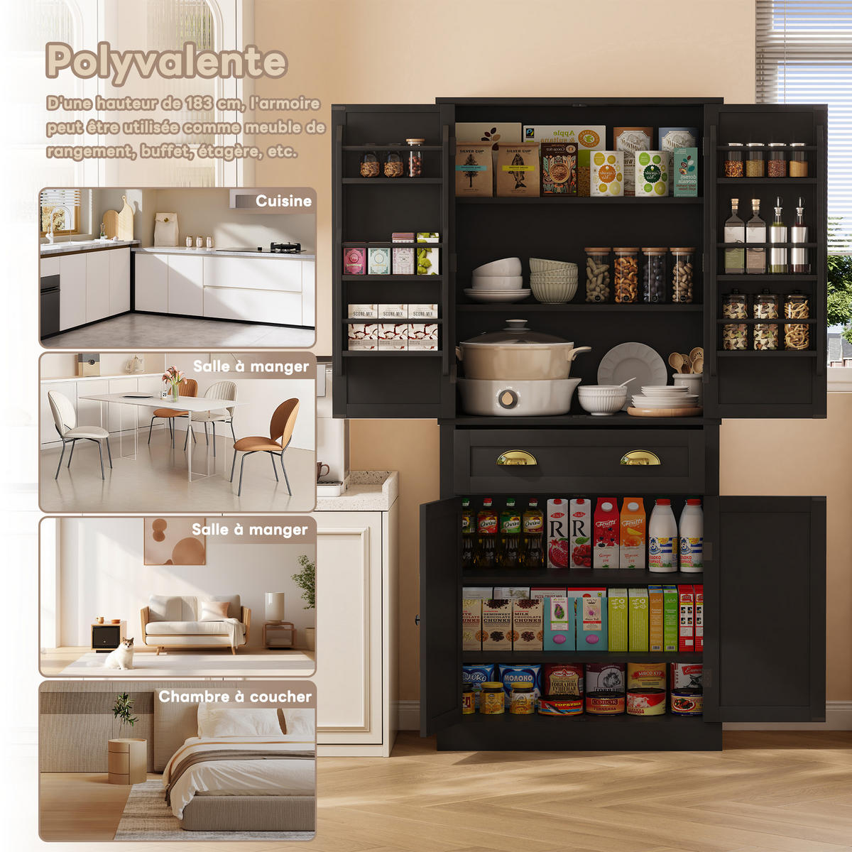 SIDEBOARD 182 cm, 4 Türen, 1 Schublade, verstellbare Böden, Schwarz - Schwarz, Holz (80/182/40cm)