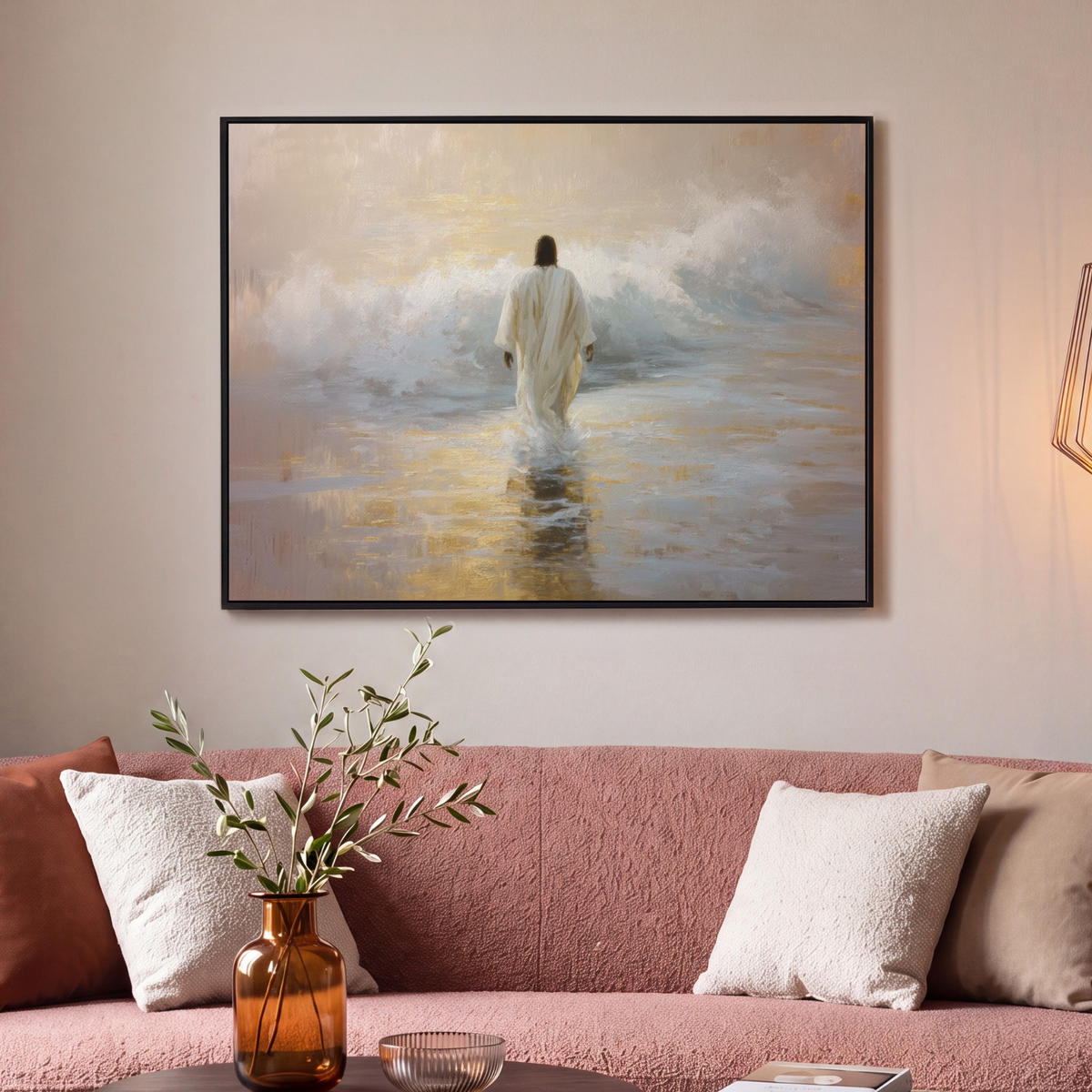 LEINWAND Bilder mit Rahmen - Gemälde - Welle - Jesus - Abstrakt - 100x70 - Goldfarben, Textil (100/70cm) - MuchoWow