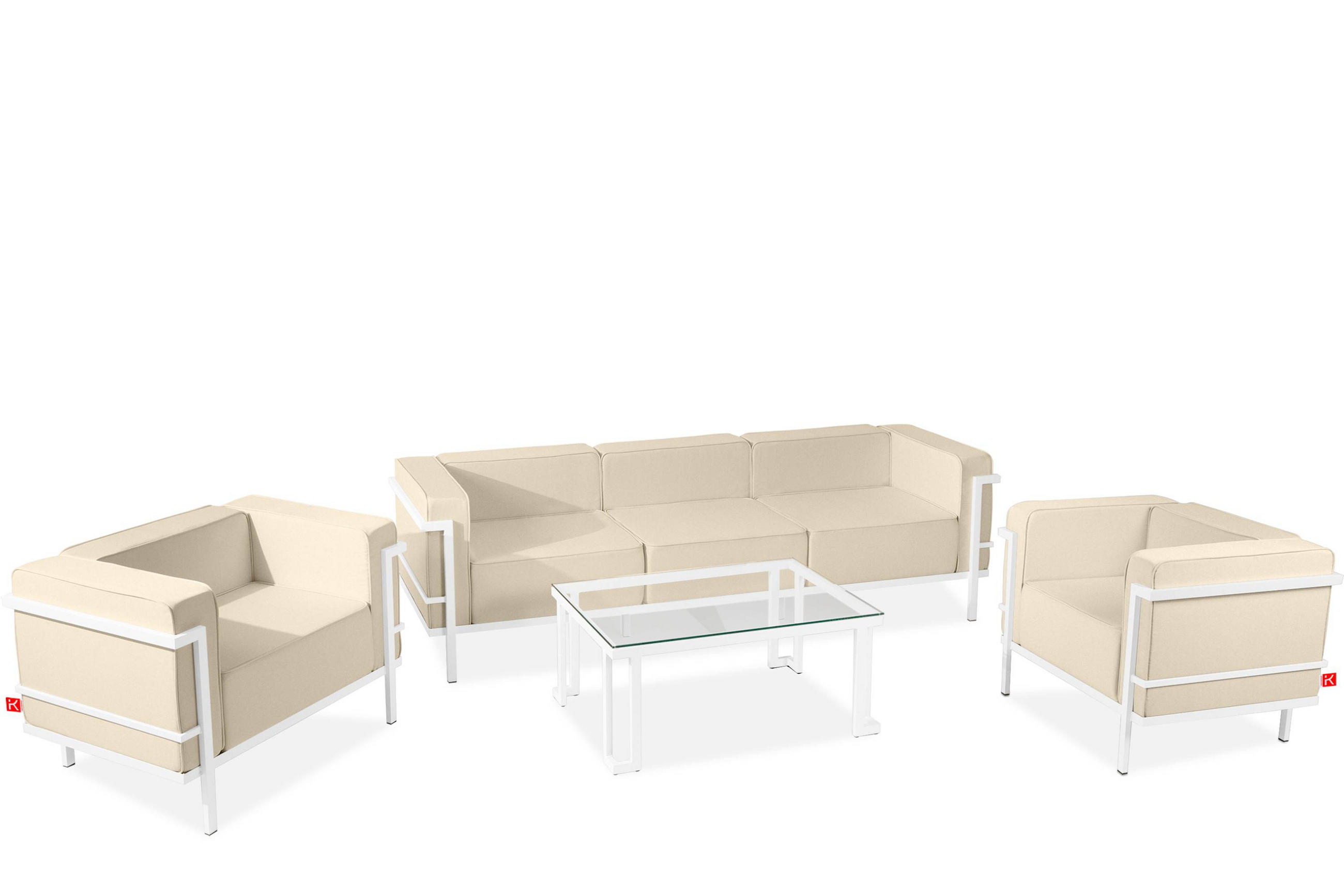 GARTENLOUNGE-SET TRIGLO 1x Tisch, 2x Sessel, 1x Sofa 3-Sitzer, 4-tlg., Modern, Weiß/Cremeweiß - Creme/Weiß, Textil/Metall - KONSIMO®