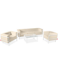 GARTENLOUNGE-SET TRIGLO 1x Tisch, 2x Sessel, 1x Sofa 3-Sitzer, 4-tlg., Modern, Weiß/Cremeweiß - Creme/Weiß, Textil/Metall - KONSIMO®